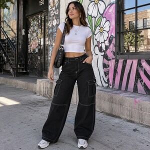 HM Divided Black Contrast Stitch Cotton Cargo Pants Wide Leg High Rise Womens 4